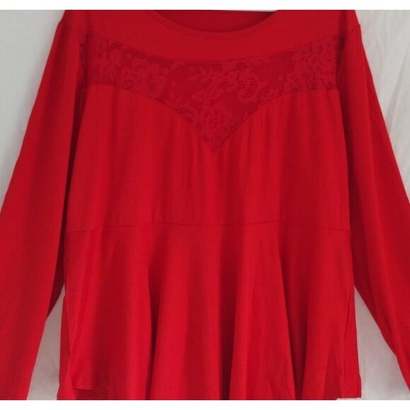 Women's Red Long Sleeve Lace Detail Flowy Hem Blouse, Size 3XL - Picture 4 of 6